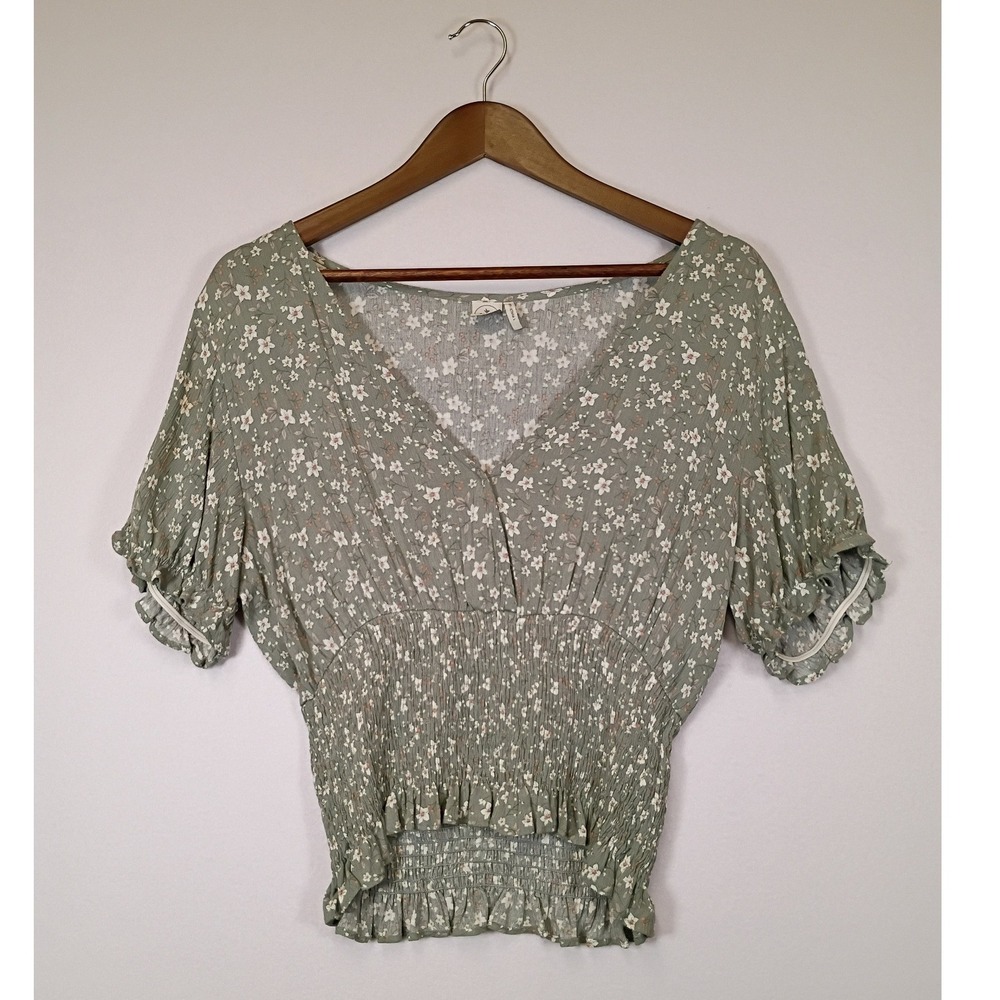 Cottagecore Paper Crane Women L Sage Green Floral Smocked Waist Ruffle Blouse